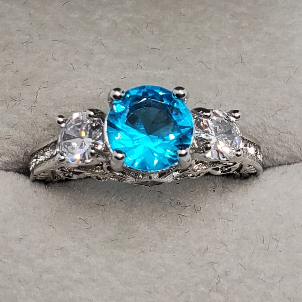 Silvertone Blue Cz Stone Ring